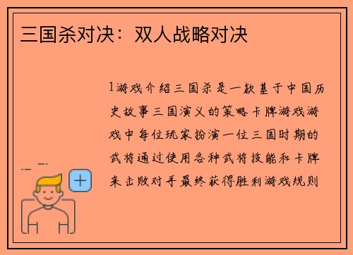三国杀对决：双人战略对决