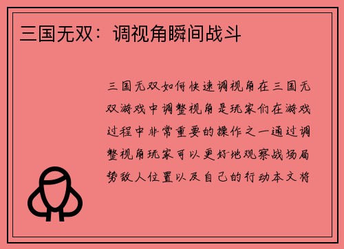 三国无双：调视角瞬间战斗